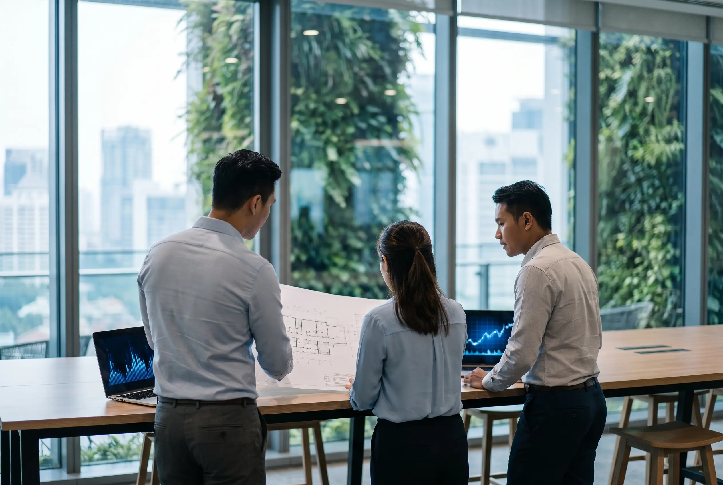 Illustration of a small team at work in a Singapore office.
